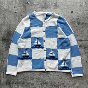 Vintage Northern Reflections Sweater Women XL Blue Nautical Sailboat Cardigan